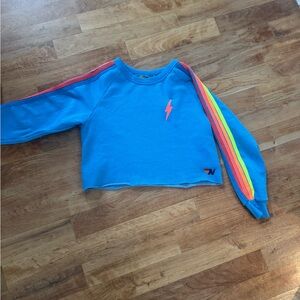 Aviator Nation Electric Blue Hoodie with Rainbow Stripes
